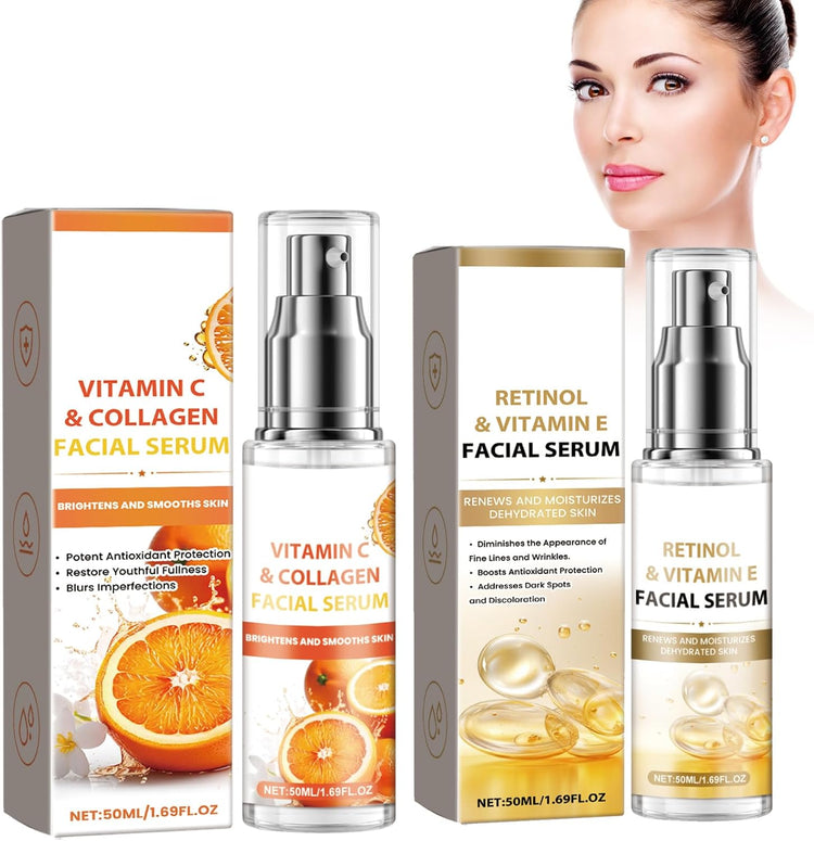 Kit De Sérum Avec Sérum Vitamine C, Sérum Rétinol Visage, Sérum Facial Au Collagène, Sérum Visage Au Rétinol Avec Vitamine E, Sérum Anti-Âge Anti-Rides, Éclaircir Le Teint Et Réduire Les Rides