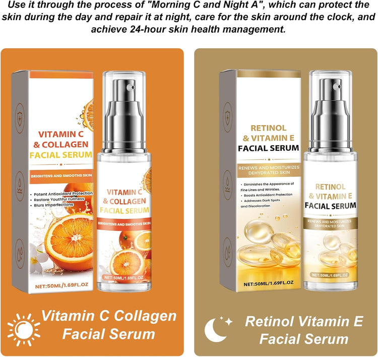 Kit De Sérum Avec Sérum Vitamine C, Sérum Rétinol Visage, Sérum Facial Au Collagène, Sérum Visage Au Rétinol Avec Vitamine E, Sérum Anti-Âge Anti-Rides, Éclaircir Le Teint Et Réduire Les Rides